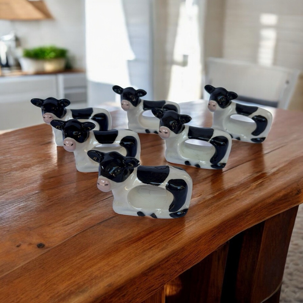 Holstein Dairy Cow Napkin Rings Set Of 6 Ceramic Farmhouse VTG Country Decor